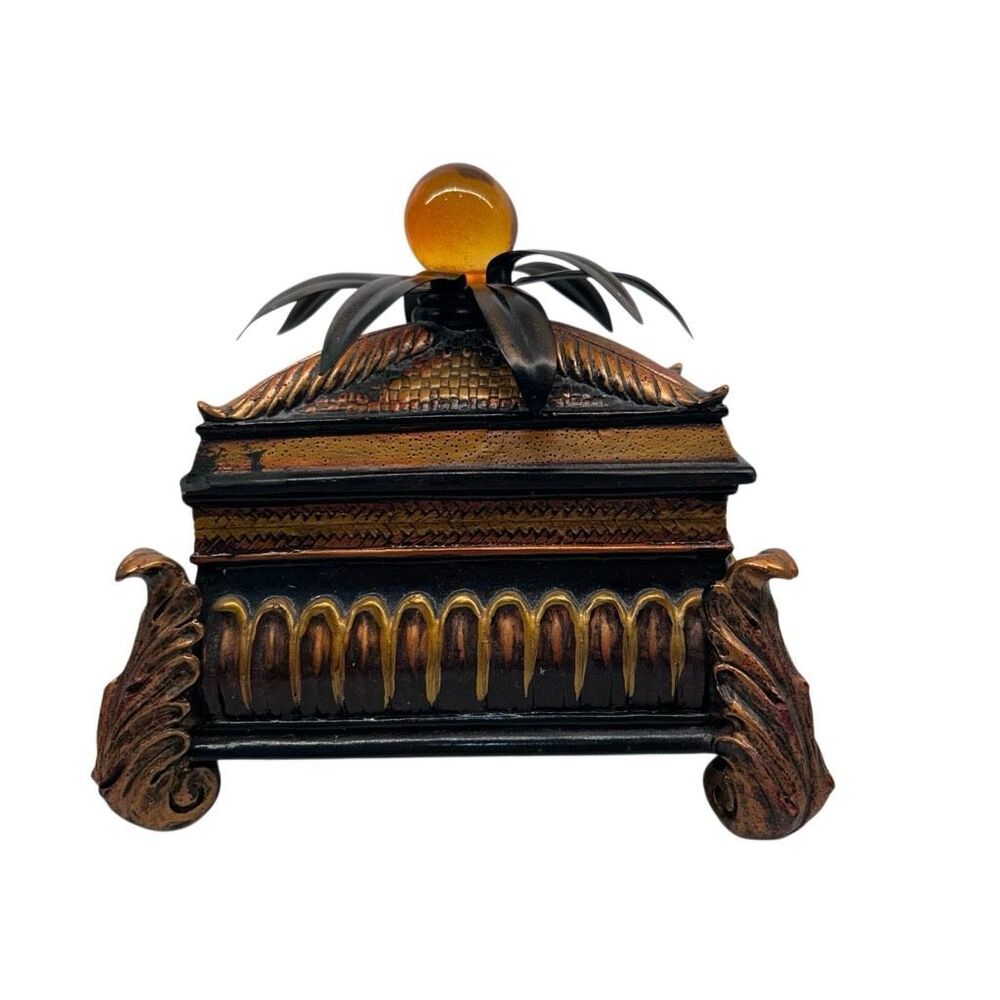 Wooden Trinket Jewelry Treasure Box 6.5"x 5.5" Lid Glass Finial Storage Footed